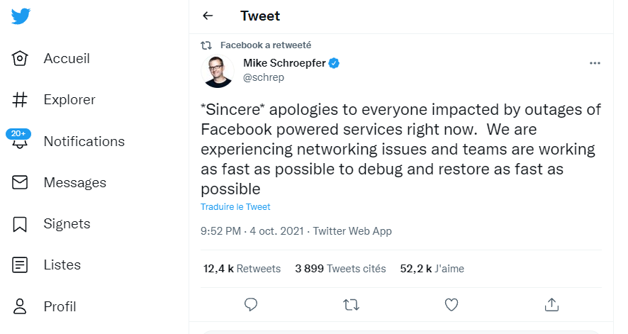 facebook s'excuse en utilisant twitter