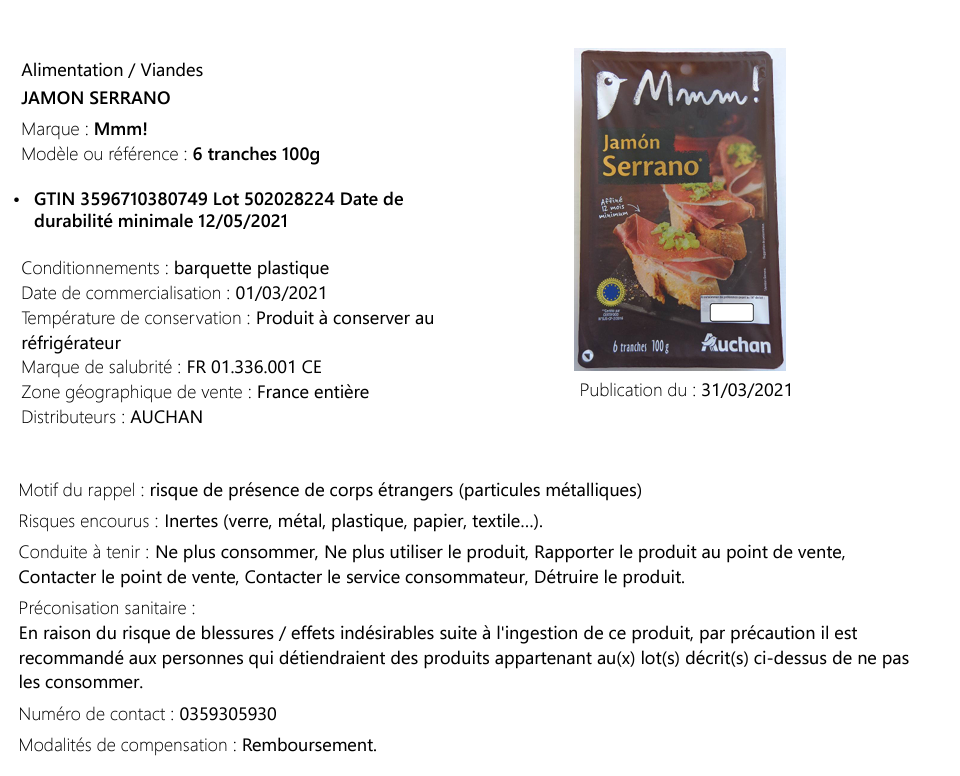rappel de jambon serrano certifié par certifood